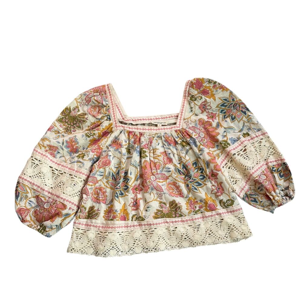 Christian Siriano Floral Peasant Blouse Crochet Lace Trim Linen Blend Small - Picture 2 of 10